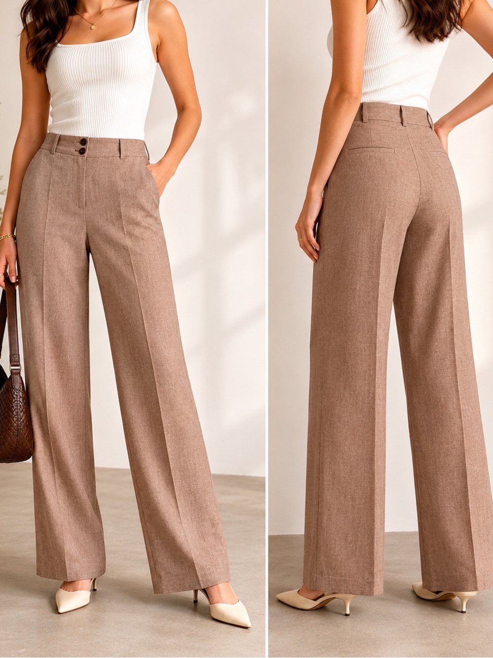 Wide Leg Wool Blend Trousers Tailored Brown Pants Size 8 Office Workwear